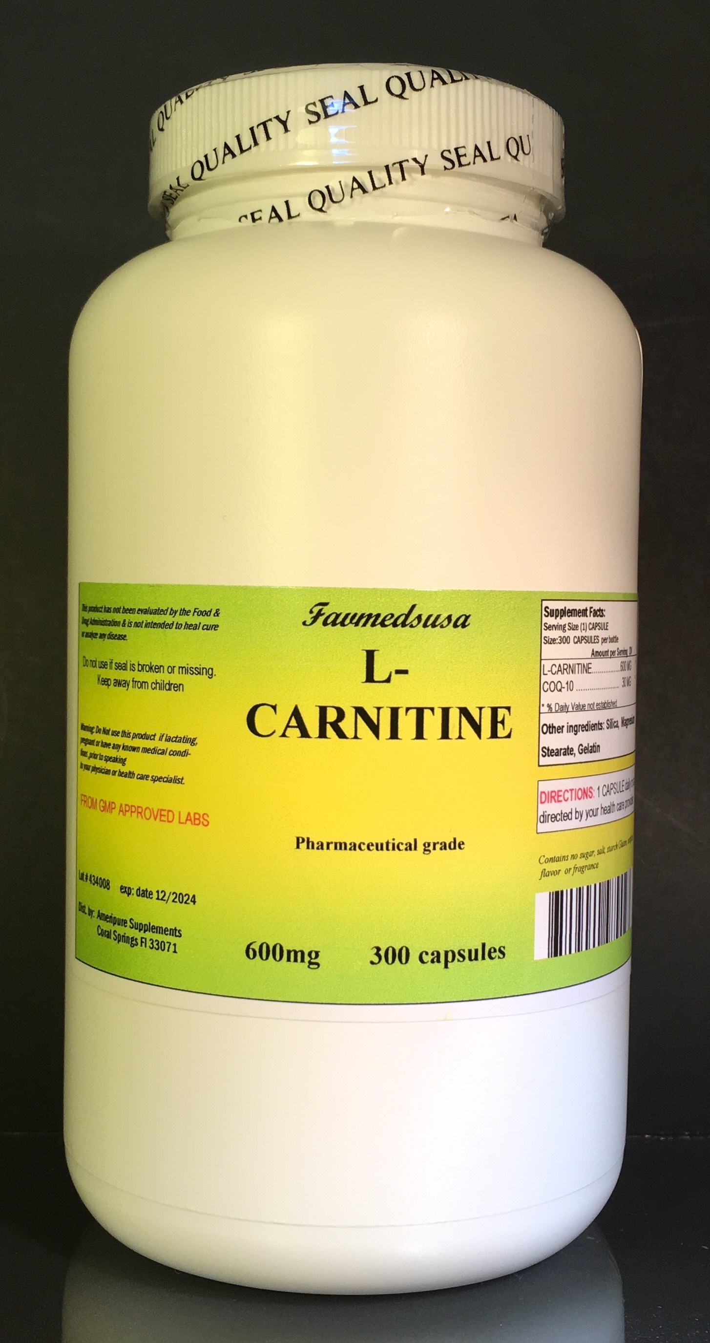 L-Carnitine 600mg + Coq-10 - 300 capsules